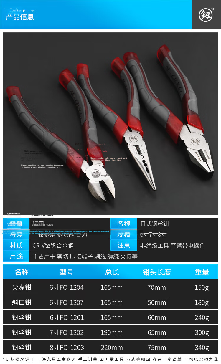 Jian Fukuoka Tools Japanese-Style Multifunctional Diagonal Cutting Pliers, Industrial-Grade Electrician's Diagonal Pliers, 6 Inches 6