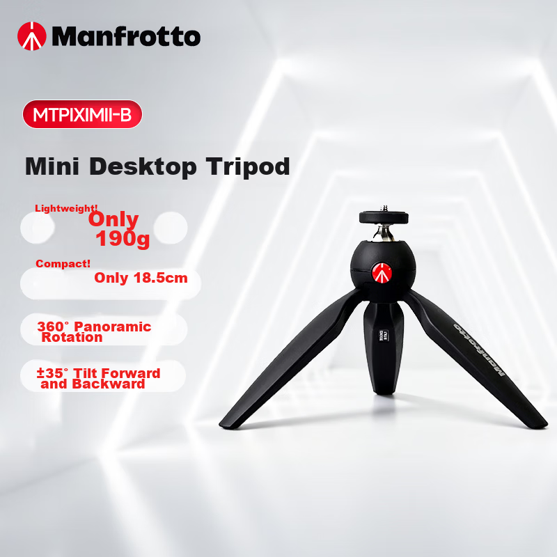 Manfrotto MT PIXI EVO Portable Mini Desktop Tripod for Mirrorless and Compact Cameras, Upgraded Retractable Handheld Ball Head, Black