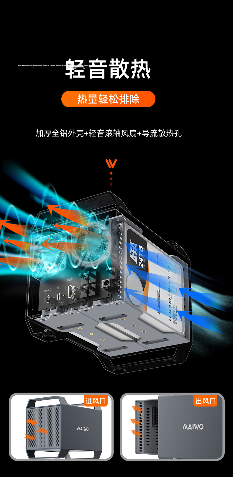 MAIWO Dual-Bay Hard Drive Enclosure, RAID Storage Cabinet with Intelligent Temperature Control, 3.5-Inch SATA Serial Port Mechanical Hard Drive Chassis, K35282C 8