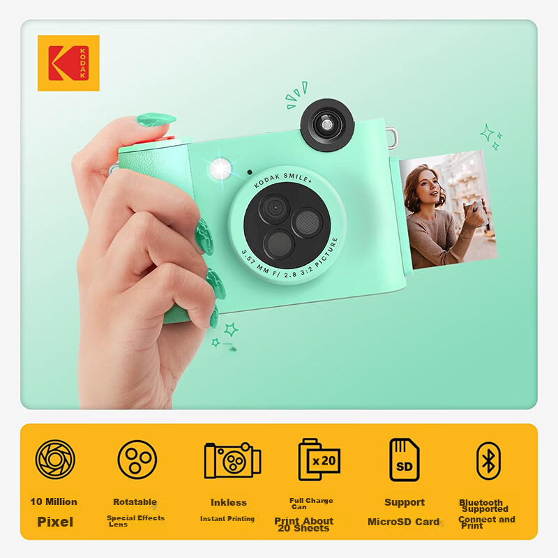 KODAK Smile+ Instant Camera (10MP, 3 Filters, ZINK Inkless Printing, Bluetooth Photo Printing, TF Card Support) Green