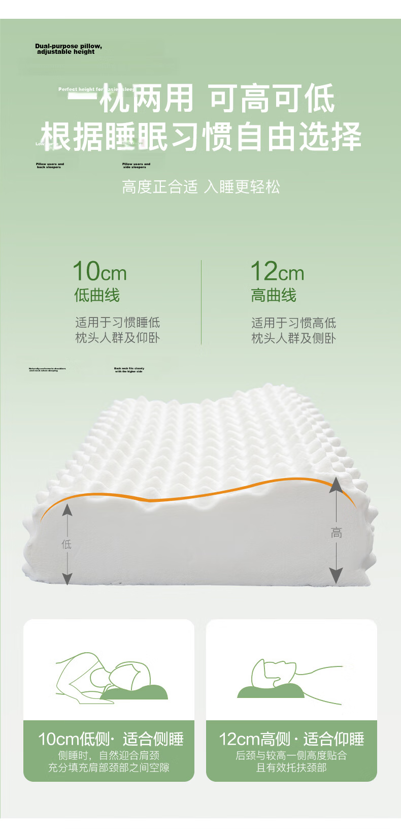 CROWN Latex Pillow Neck Support Sleep Aid Thai Imported Natural Latex Pillow Core + Pillowcase Set of 2 7
