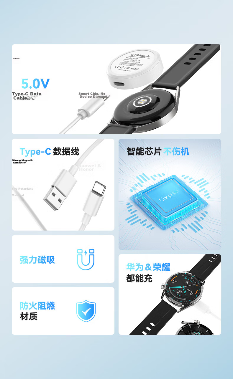 CangHua Charging Cable for Huawei Band 10 NFC/9/8/7/6/Fit3/2/New Charger for Kids Watch 5/5 Vitality Edition/5 New Shine/5X Pro/4X/4Pro Cable 2