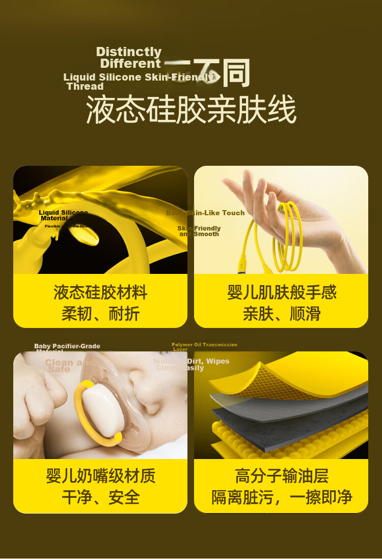 Aohi 140W Dual Type-C Liquid Silicone Skin-Friendly Fast Charging C to C Data Cable for iPhone 15/iPad/Mac/Huawei Xiaomi Android Phones 1m Yellow 2