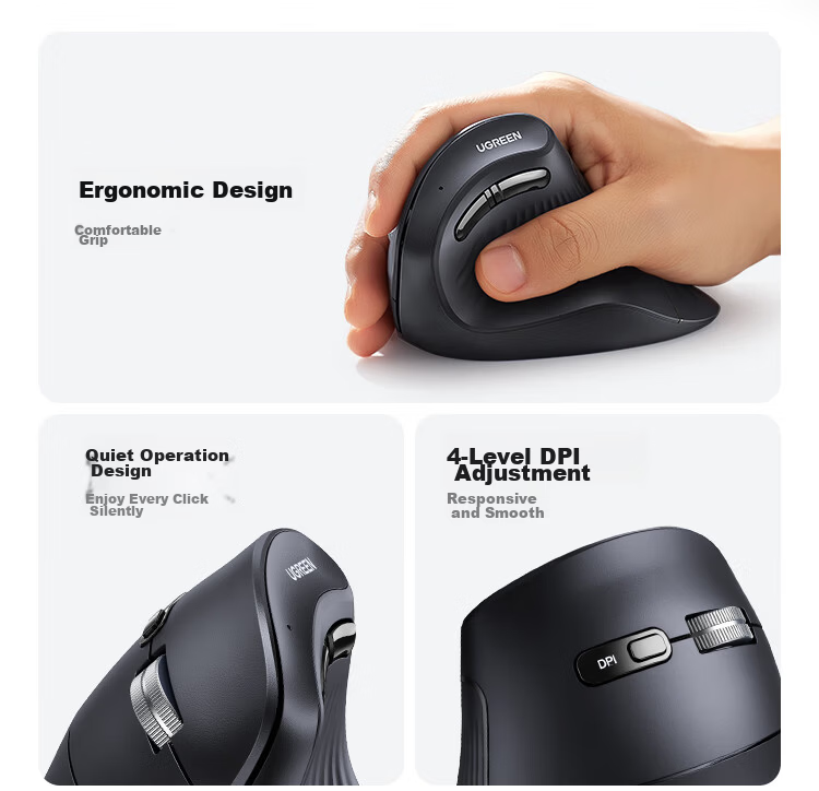 UGREEN Ergonomic Mouse, Wireless Bluetooth Vertical Mouse, Vertical Grip Anti-Strain Quiet Mouse, Suitable for Laptops And Desktop Computers, Hand-Protecting Mouse, Pink 3