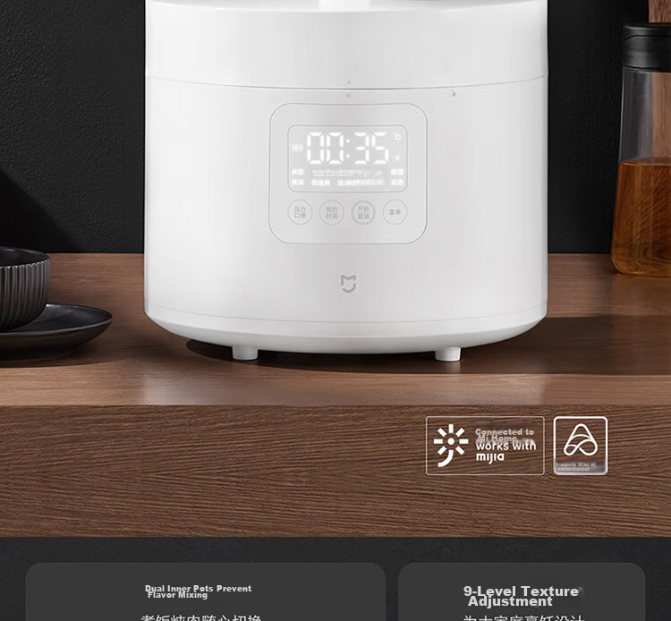 Mijia Xiaomi Electric Pressure Cooker, High-Pressure Cooker, Rice Cooker for Home Use, Serves 4-5 People, Multifunctional Electric Stew Pot, Cooks Rice And Porridge, Non-Stick Pot with Double Inner Containers, Large Capacity 5L 3