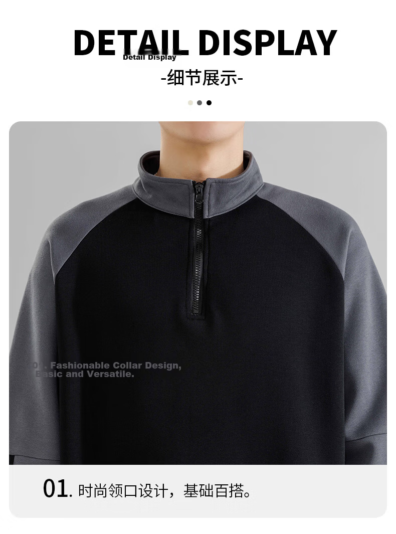 MMOPTOP American-Style Half-Zip Sweatshirt for Men, Spring And Autumn Season, Contrasting Color Raglan Sleeve, Loose Casual Top, 8905 Navy Blue L 16