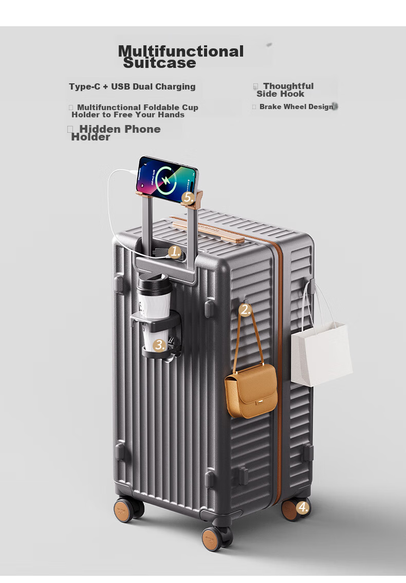 Reebok Suitcase, PC Trolley Case, Multifunctional Large Capacity Travel Luggage, Password Lock Suitcase, Leather Case, Hao Kong Bai 24 Inches 10
