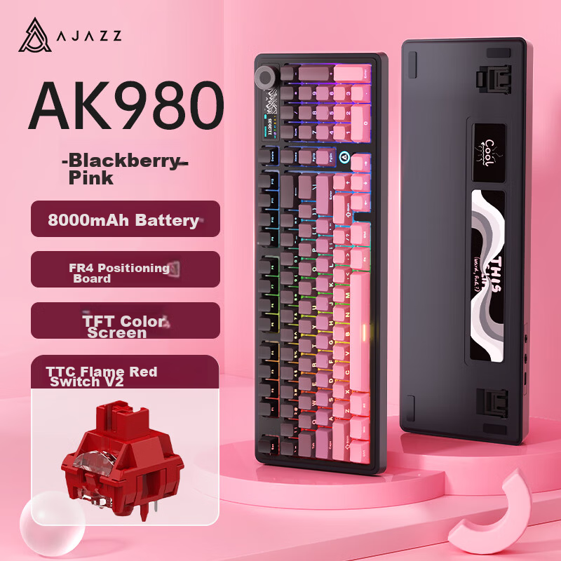 AJAZZ AK980 Tri-Mode Wireless Mechanical Keyboard 98-Key Layout Gasket RGB Hot-Swappable 97 Keys 2U Volume Knob Side-Engraved Gradient Pink TTC Flame Red V2