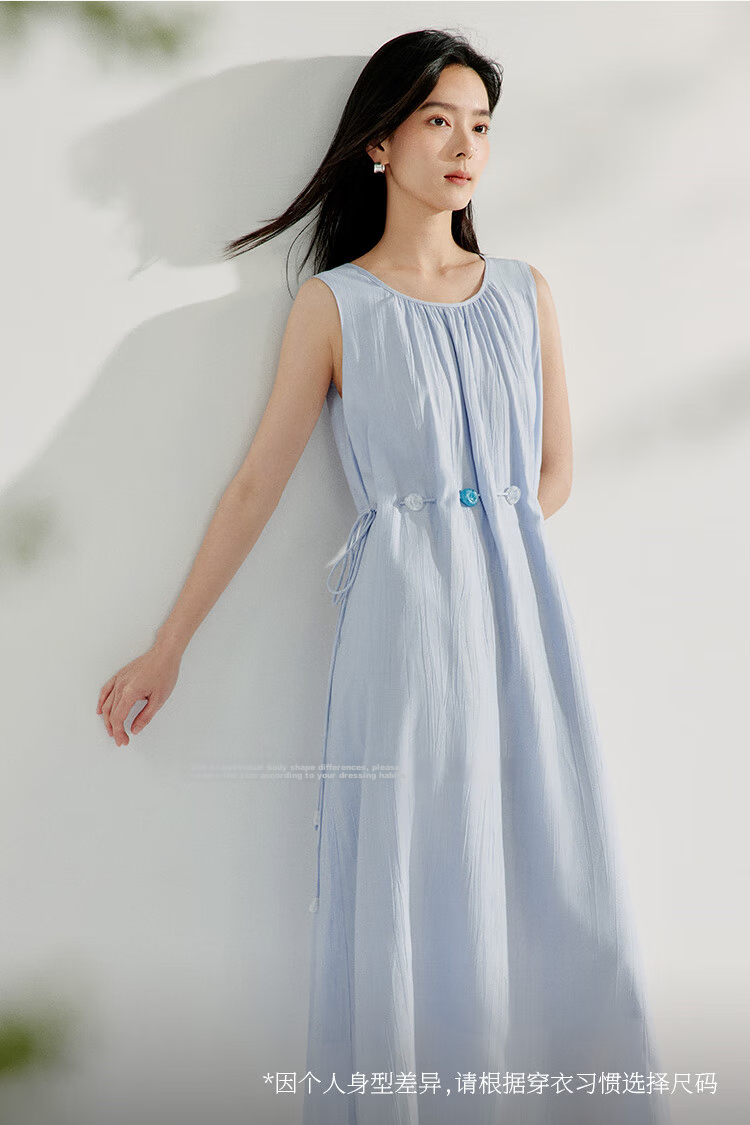 INMAN French Vacation Style Beaded Dress 2026 Spring New Niche Pleated Sleeveless Dress Blue XL 12