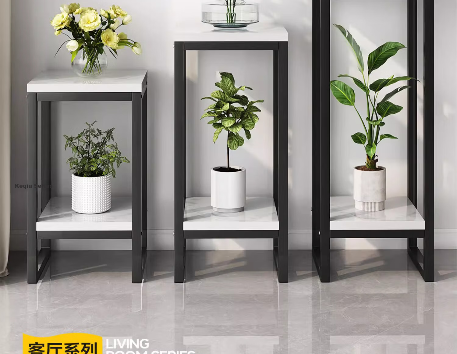 XIAOJIANGCAI Flower Stand, Floor-Standing Iron Art Column Plant Display Rack, Flower Pot Holder, Storage Shelf for Balcony, Black And White, 30*80 2