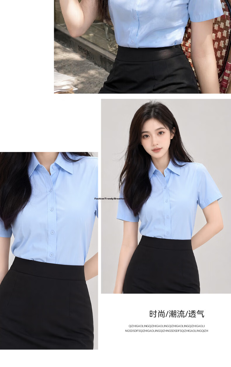 Chaoxu Plus Size Blue Short Sleeve Summer Shirt for Women Business Office Workwear Professional Uniform Breathable Anti-Exposure Top 16