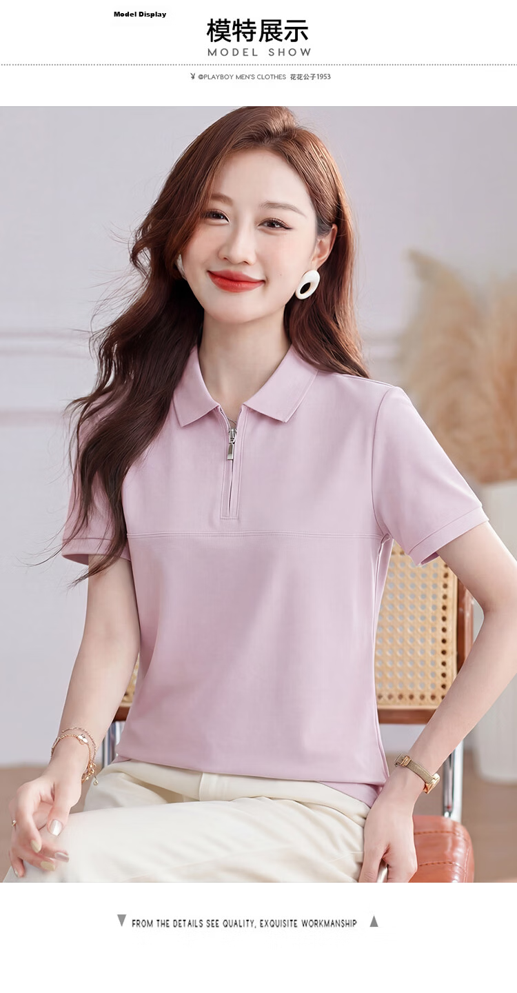 TUCANO Women's Short Sleeve Solid Color Antibacterial Half-Zip Polo Shirt Fashionable Versatile Top White XL 9