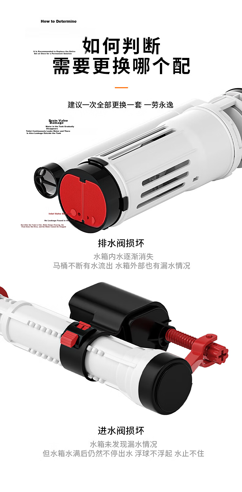 Muvi Toilet Accessories, Universal Complete Set, Flush Toilet Tank Drain Valve, Old-Style Toilet, Top Inlet Valve, Bottom Flusher 6