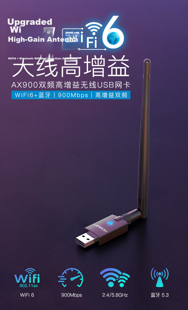 EDUP AX900 USB Wireless Adapter WiFi6 Dual Band 5G Bluetooth 5.3 Combo Win10/11 Desktop Laptop WiFi Receiver External Antenna EP-AX900 1
