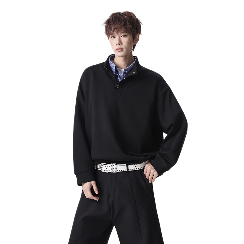 Foss Phil Men's Long Sleeve Sweatshirt Spring Summer American Polo Shirt High Street Vintage Loose Fit Top Black XL W6061