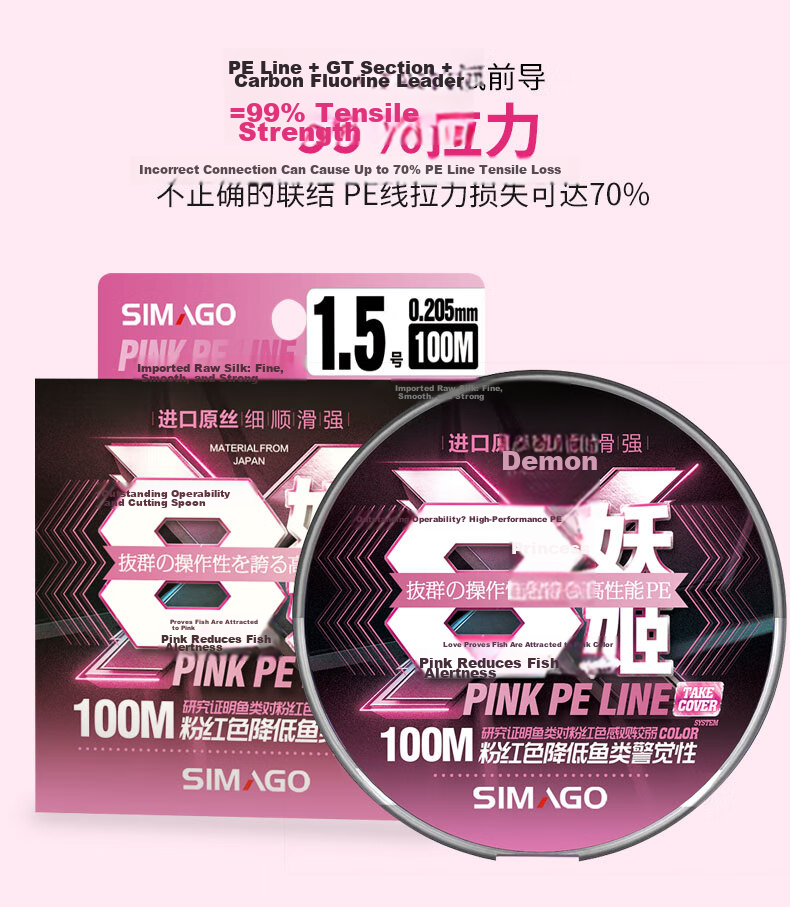SIMAGO Ximan Du PE Fishing Line, 8-Strand Ultra-Long Casting Main Line And Leader, Micro Line, Pink, 100 Meters, Size 2.0 13