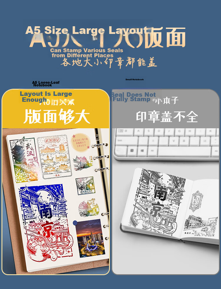 Ujia National Trend A5 Refillable Stamp Book Travel Check-in Collection Thickened Blank Pages Museum Forbidden City Scenic Spot Stamp Commemorative Handbook Dragon Clasp Haze Blue 5