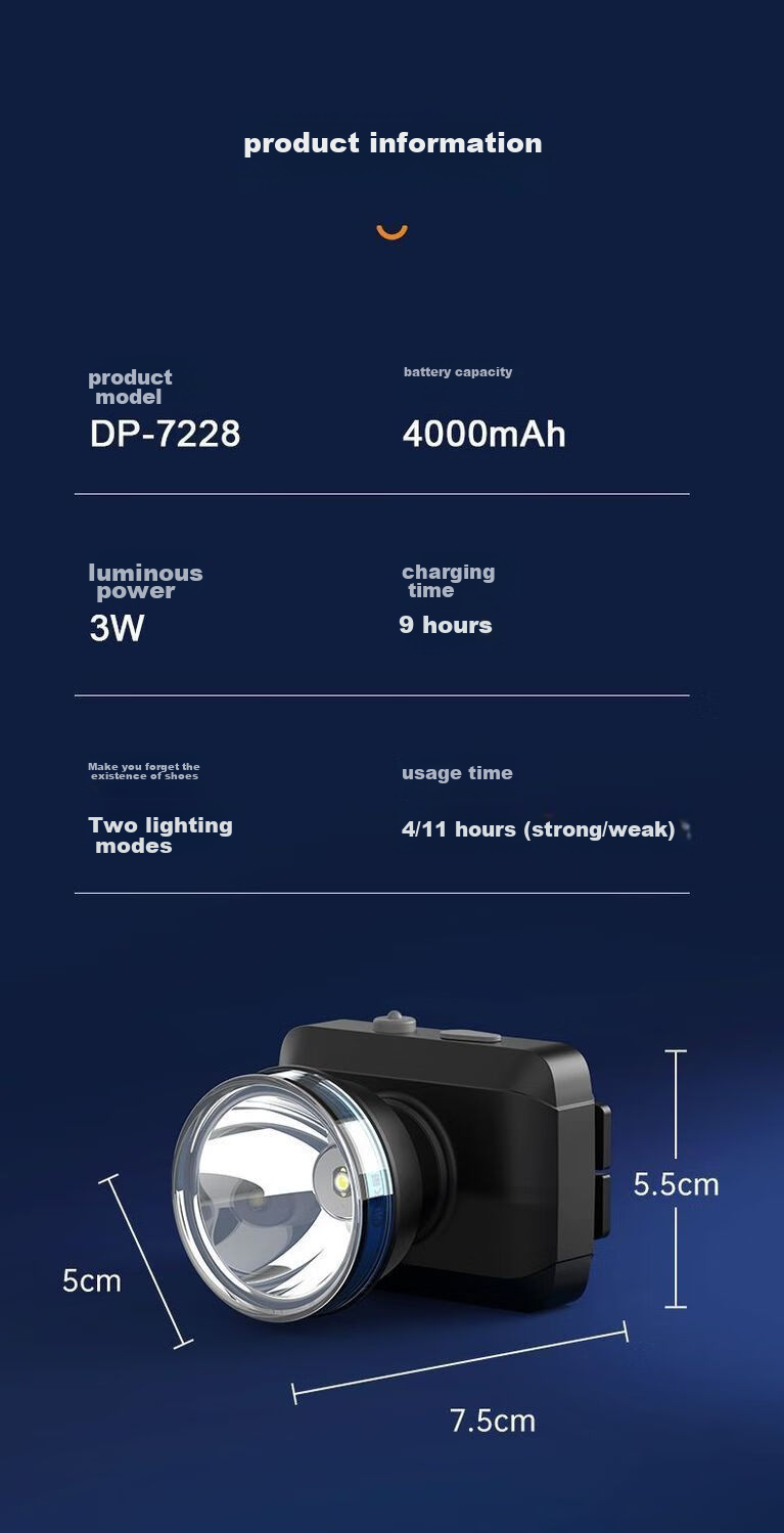 DP High-Brightness Headlamp, Ultra-Bright Head-Mounted Lithium Battery Flashlight, Outdoor Lighting, Night Fishing Long-Range Mining Lamp LED-7228 7
