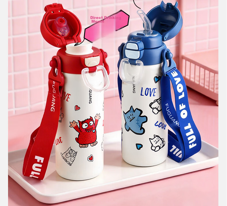 FGA Fuguang Children's Insulated Cup, 316L Stainless Steel, Stylish Design for Students, Large Capacity Water Bottle with Straw for Men And Women, 0.5L 5