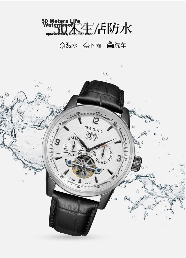 SEAGULL Men's Automatic Mechanical Watch Calendar Week Month Skeleton Tourbillon Men's Watch Birthday Gift 1328 White 9