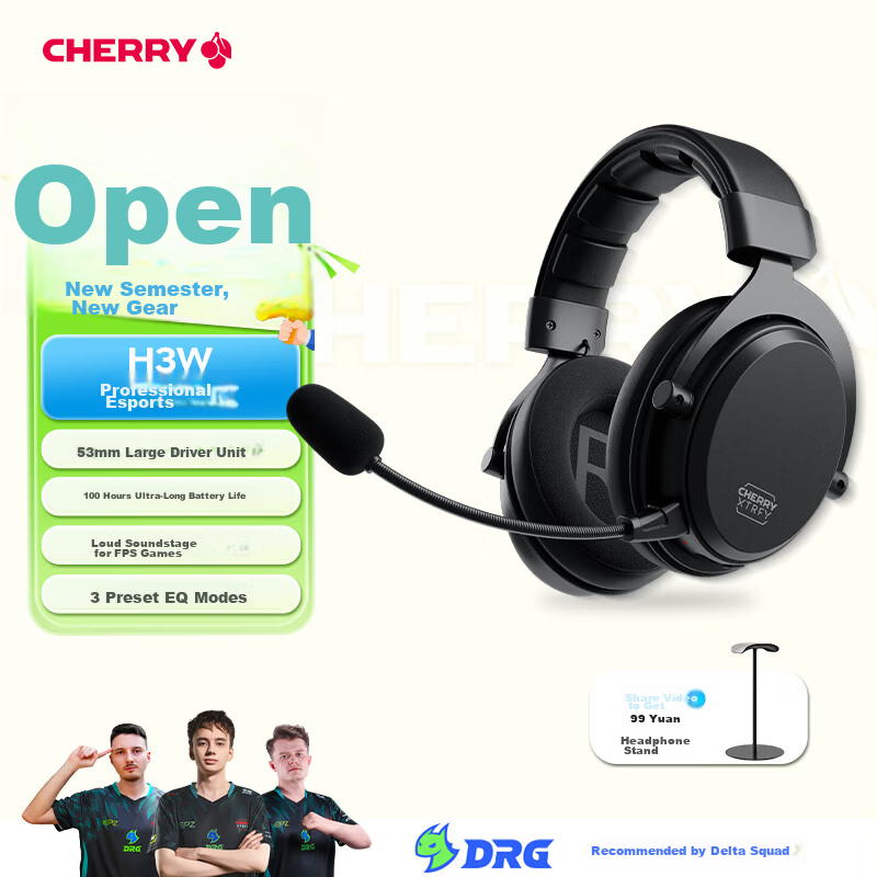 CHERRY H3W Wireless Gaming Headset Bluetooth Over-Ear Professional FPS Gaming Headphones Compatible with Delta