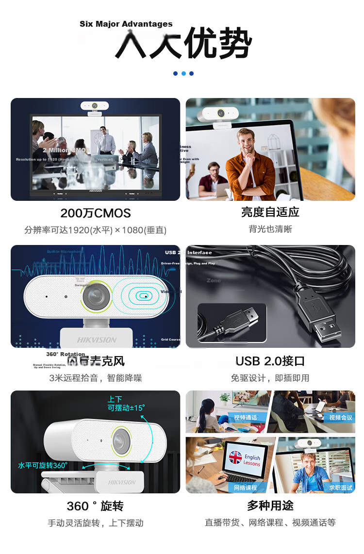 Hikvision 1080P HD USB Webcam with Microphone for Online Classes Home Live Streaming Video Conferencing E12 2
