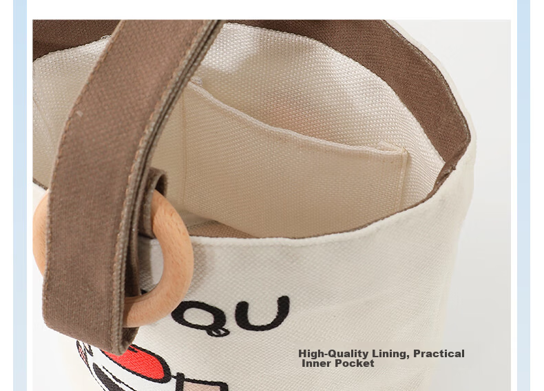 40,000 Kilometers Canvas Bag Wooden Ring Bucket Bag College Student Handbag Casual Niche Gift Commuter Bag 12
