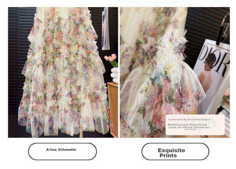 Langsha Floral Mesh Half Skirt Women 2026 New Irregular A-Line High Waist Slim Sweet Mid-Length Puffy Cake Skirt 4