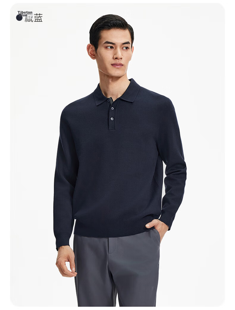 Goldlion Wool Blend Autumn Winter Long Sleeve Knit Sweater Men Solid Color Fashion Textured Pullover Blue Gray XL 18