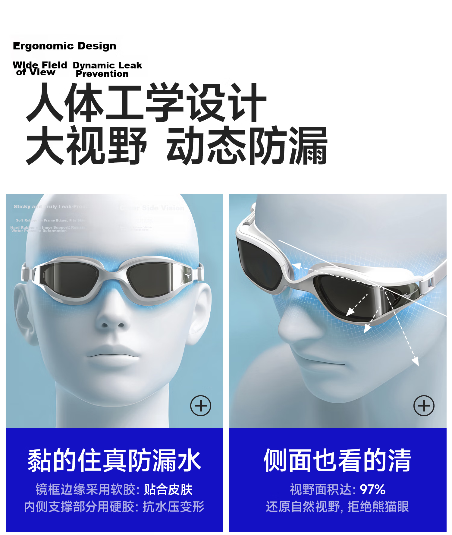 MIZUNO Swimming Goggles for Men And Women, Adult Large Frame Swim Glasses, Myopia Swimming Cap Set, Waterproof Anti-Fog Swimming Equipment B60 White 600 14