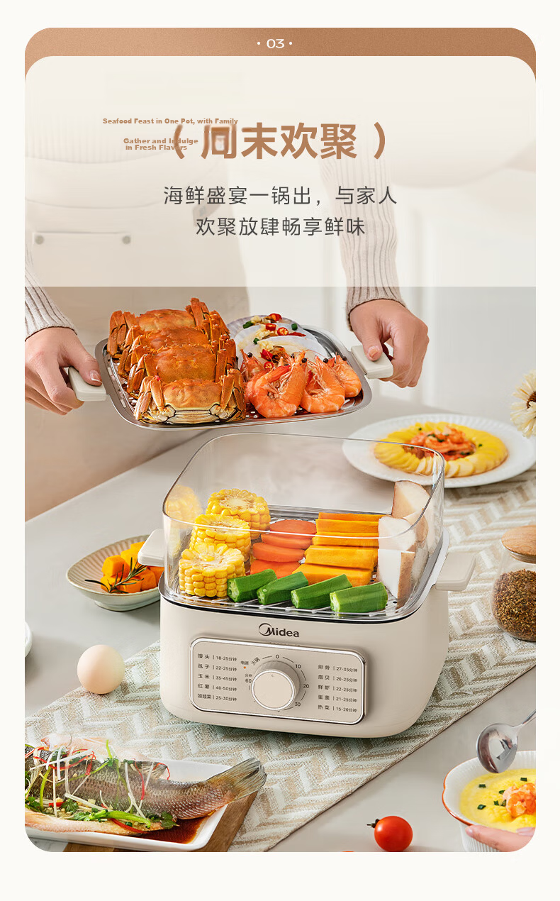 Midea Multi-Functional Electric Steamer Pot with Stewing, Steaming And Boiling Functions, Non-Coated Stainless Steel Detachable 19L Large Capacity Three-Layer Cooker ZGS352302 13