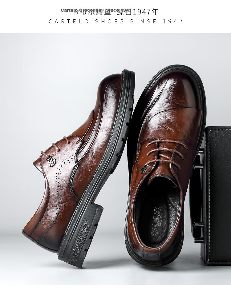 CARTELO British Men's Leather Shoes, Thick-Soled Height-Increasing Business Casual Shoes, Round Toe Soft Cowhide Shoes for Men, 9923 Black Height-Increasing Size 42 5