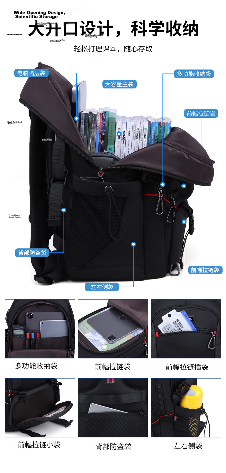 Edison High School Student Backpack with Spine Protection And Water-Resistant Design, Large Capacity Travel Backpack for Middle School Students K052-19G 6