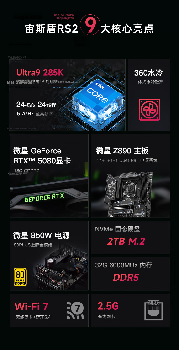 MSI Aegis RS2 Ultra7 270K/RTX 5070 Ti/32GB DDR5/1TB Water-Cooled Gaming Designer Desktop PC DIY Assembly 2