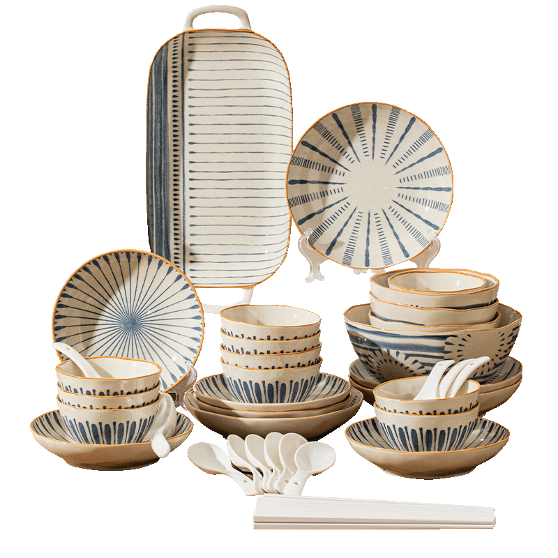 TREEJACK Japanese Style Underglaze Color Ceramic Bowl and Plate Set Housewarming Gift Rice Bowl Plate Chopsticks Tableware