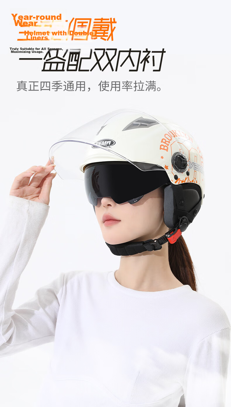 YEMA 3C Certified Electric Motorcycle Helmet, Unisex Summer Half Helmet, Electric Scooter Safety Helmet, All-Season Universal, Khaki White with Clear Short Visor 3