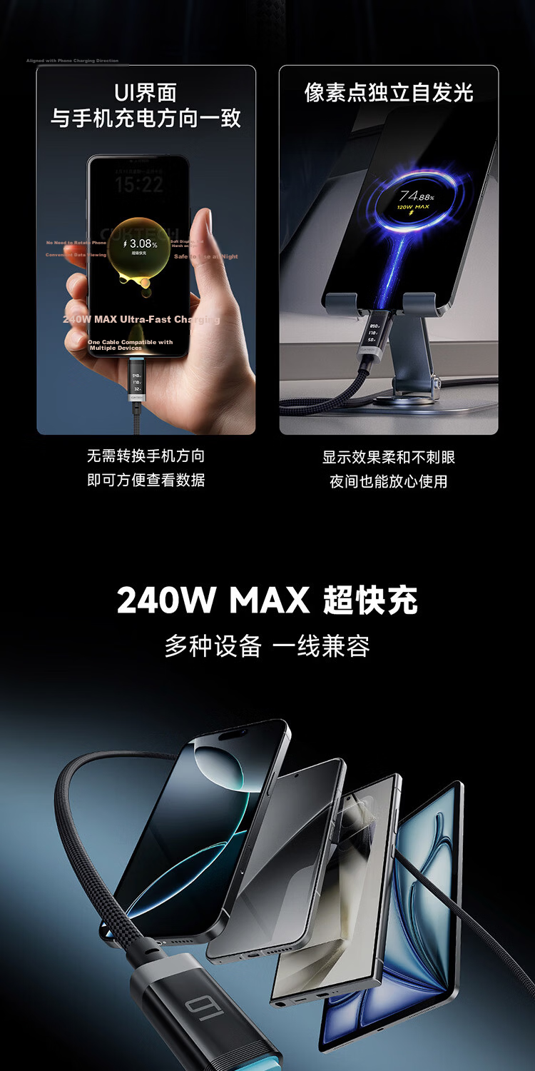 CUKTECH Kuotai Ke No.6 Braided Digital Display Power Cable, 240W Data Cable, Type-C Charging Cable, 6A Fast Charging, Suitable for Apple 17/Xiaomi/Huawei Phones, Tablets, Laptops, 2m 3