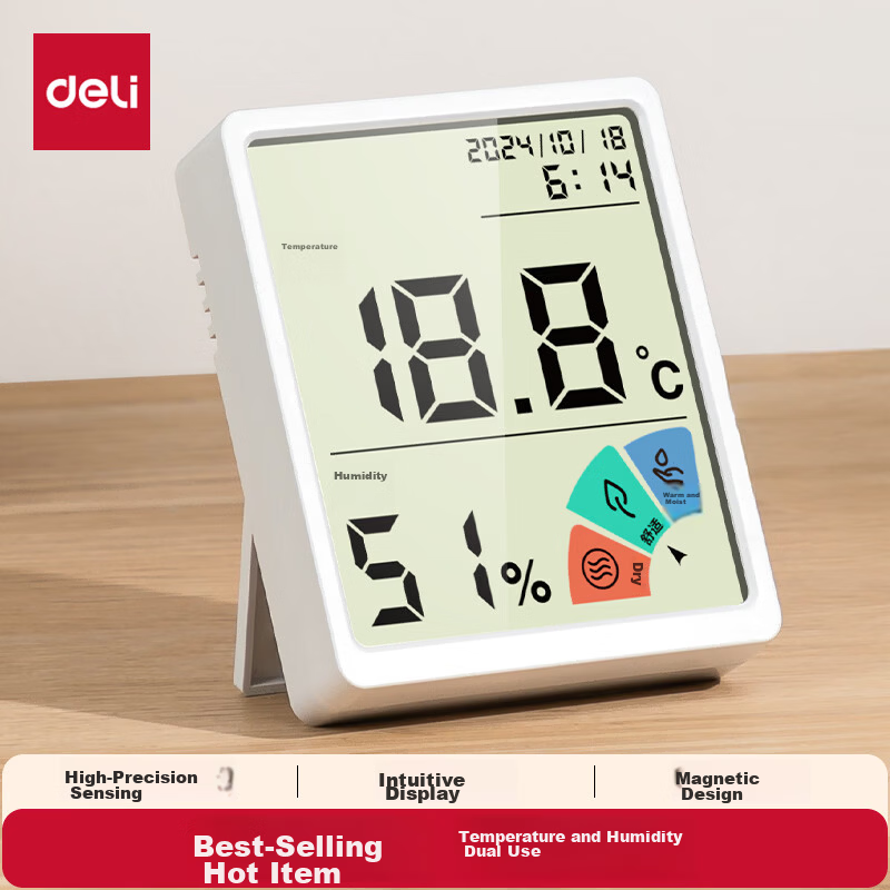 Deli Indoor Electronic Temperature and Humidity Meter Wall-mounted Desktop for Office and Home with Time Calendar and Body Sensor LE511