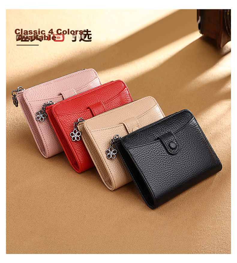 Viney Top-Grain Leather Women's Wallet, Short Foldable Zipper Coin Purse, Multi-Card Slots, Multifunctional Wallet, Card Holder, ID Holder 4