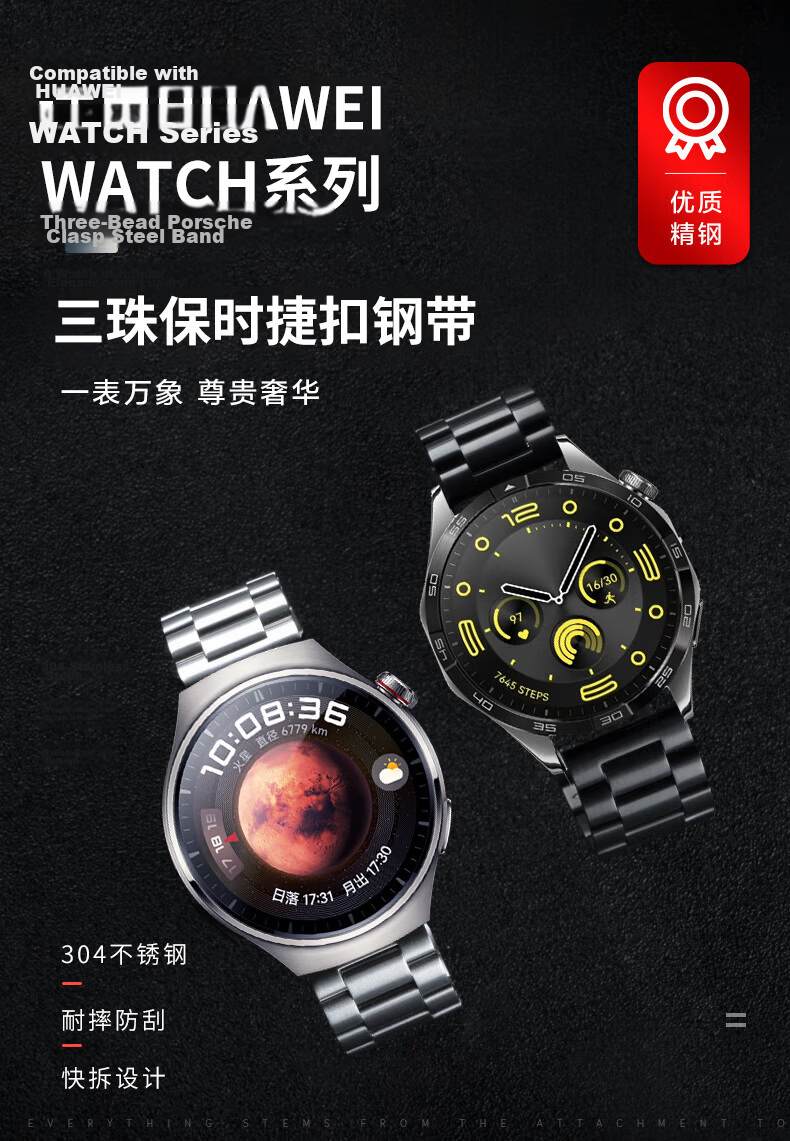 Watchbond Compatible with Huawei Watch Strap GT7Pro/6Pro, Steel Band for GT7/6/5/4/Pro, Stainless Steel Metal Three-Bead Porsche-Style Steel Band GT3Pro Strap 1