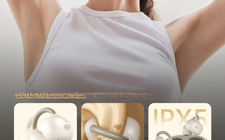 IKF AirClip Bluetooth Earclip Wireless Open Air Conduction Non-In-Ear HiFi Stereo Headphones Fitness Sports Long Battery Life Classic White 30