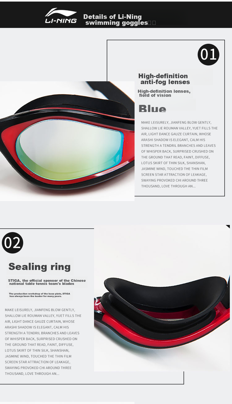 Li-Ning Swimming Goggles for Men And Women, Adult High Definition Waterproof Anti-Fog Large Frame Electroplated Swim Glasses LSJN598-1 Black And Red 17
