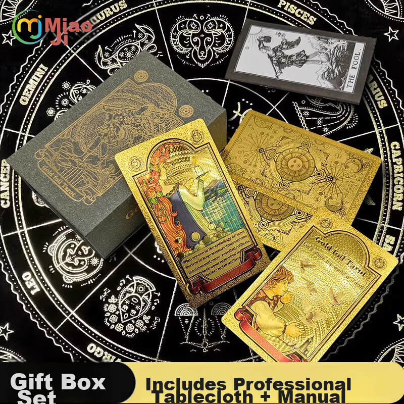 Miaoji Tarot Cards Genuine Gold Foil PVC Waterproof Board Game Tarot Gold Sun Back Strap with Tablecloth