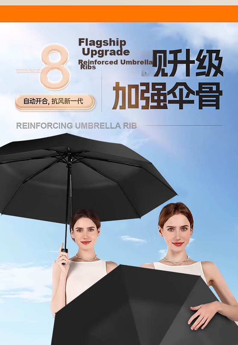 Maoli Dual-Use Automatic Umbrella, 16 Ribs, Black Rubber Coating, Impact-Resistant Fabric, Windproof Reinforced Sun Umbrella 2