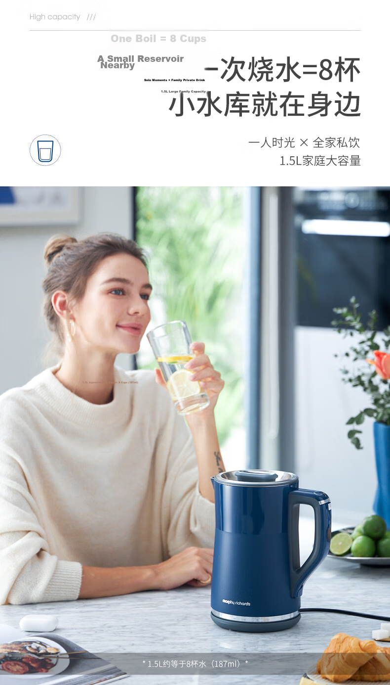 Morphyrichards Electric Kettle, Household Water Boiler, 1.5L Stainless Steel 304 Double-Layer Anti-Scalding, Real-Time Temperature Display, Boiling Kettle MR6070 White 16