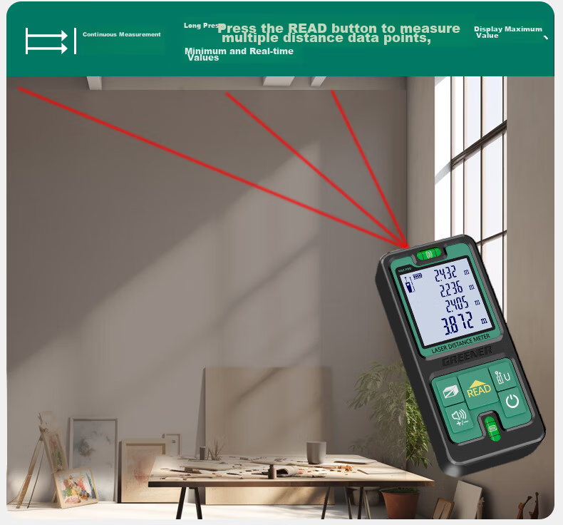 GREENER Laser Distance Meter Infrared Measuring Electronic Ruler Room Measuring Tool, Millimeter Accuracy 50 Meters Dual Horizontal Bubbles 13