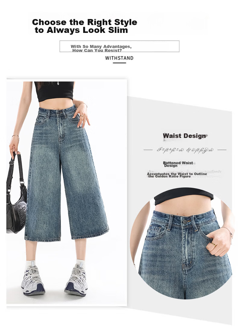 Jeanswest Women's Summer 2026 High-Waist Loose Fit Retro Blue Wide-Leg Cropped Denim Shorts S 6