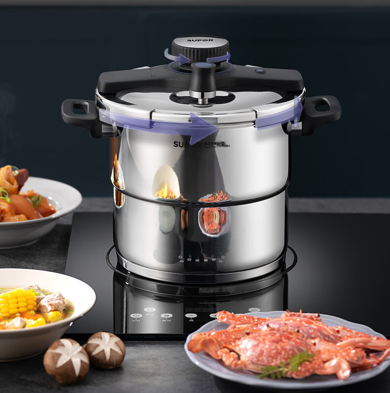 SUPOR Explosion-Proof Pressure Cooker 7.2L 304 Stainless Steel Easy-Open 22cm Compatible with Gas and Induction Cookers with Steaming Rack 8