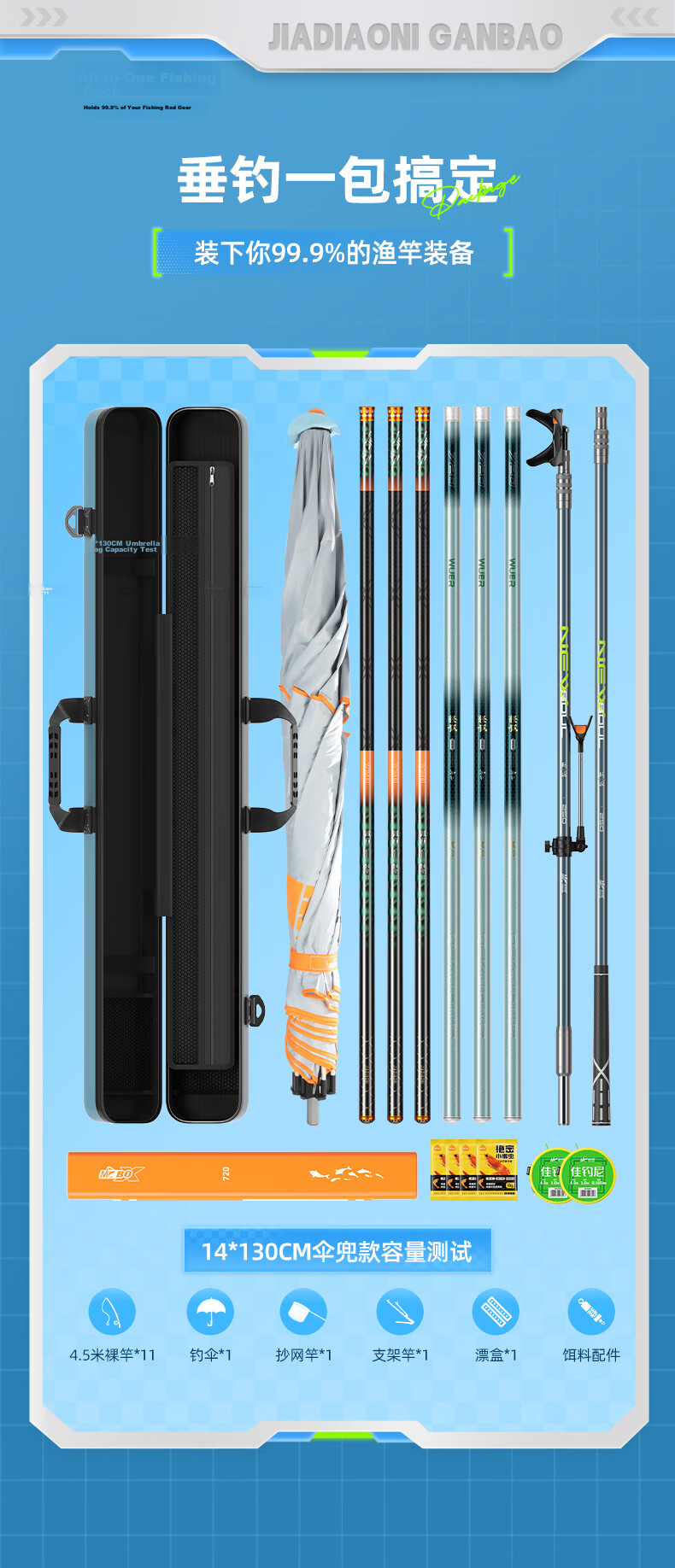 JIADIAONI Hard Shell Fishing Rod Bag Umbrella Bag Integrated Storage Waterproof Fishing Gear Rod Case 130*14*12cm 3