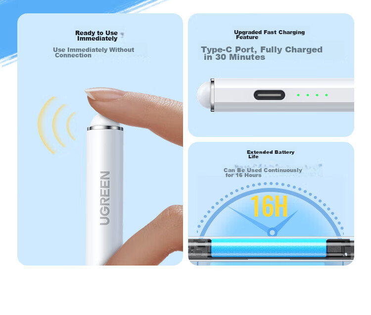 Ugreen Capacitive Stylus Pen for iPad [Type-C Fast Charging] Compatible with 2026 Pro/Air 8/Mini/iPad 11 Apple Tablet Touchscreen Handwriting Pen Apple Pencil 6